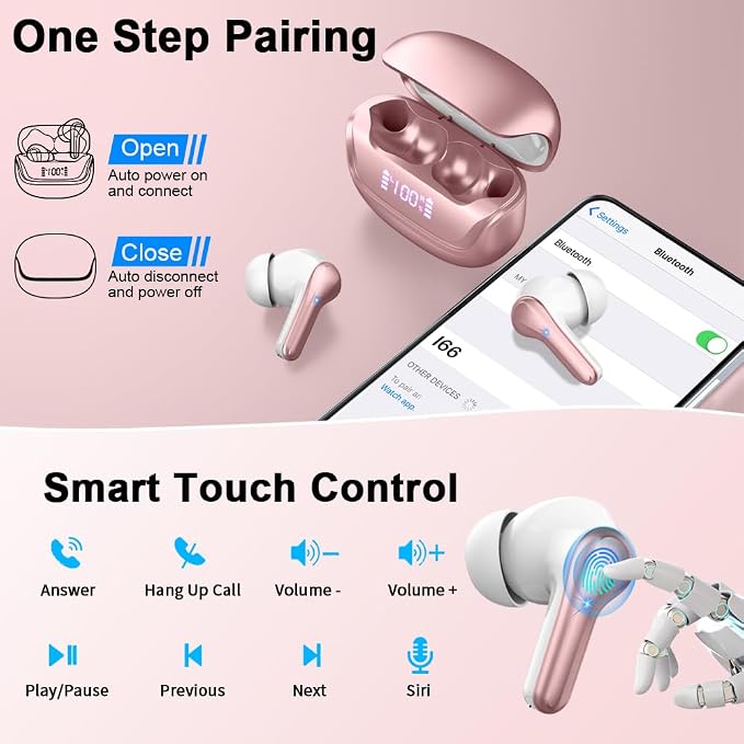 Jxrev 2026 Upgraded Wireless Earbuds, 50H Playtime Bluetooth 5.4 Headphones with 4 ENC Noise Cancelling Mics, IP7 Waterproof in Ear Earphones, LED Display Fast Charging Case, HiFi Stereo Deep Bass
