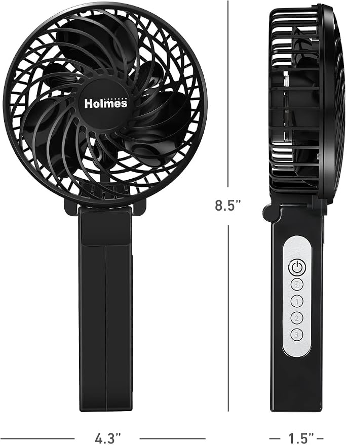 HOLMES 4" Portable, Handheld, Personal or Desk Fan, 3 Speeds, Rechargeable battery, USB-C Charging Cable, 180° Adjustable Head, Lightweight, Compact, Ideal for On-The-Go Use or Home and Office, Black