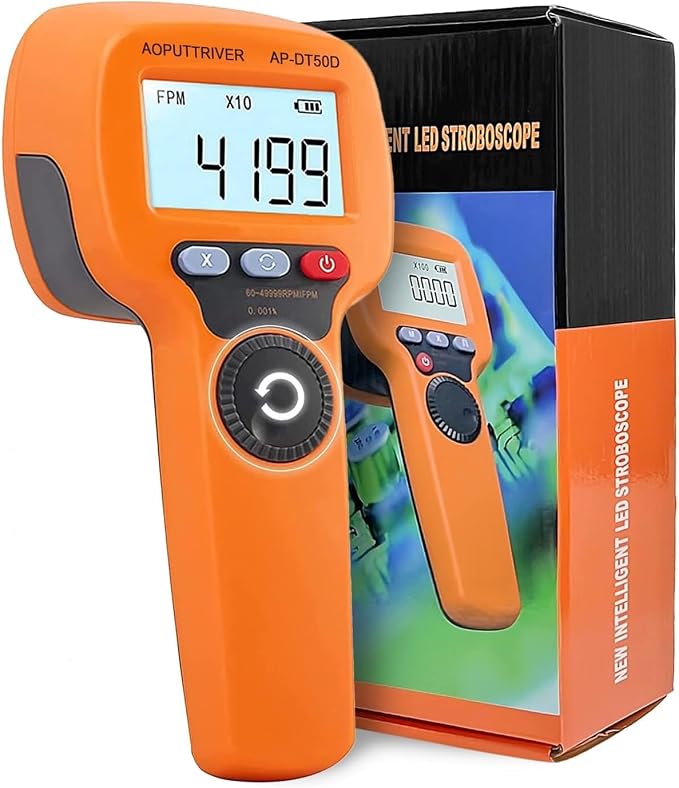 Digital LED Stroboscope Measuring 60-49999 RPM/Hz, Non-Contact Tachometer with 0.001% Accurate Estroboscopio Non-Contact Motor Engine Speed Analyzer for HVAC Motor Engine Speed Tester
