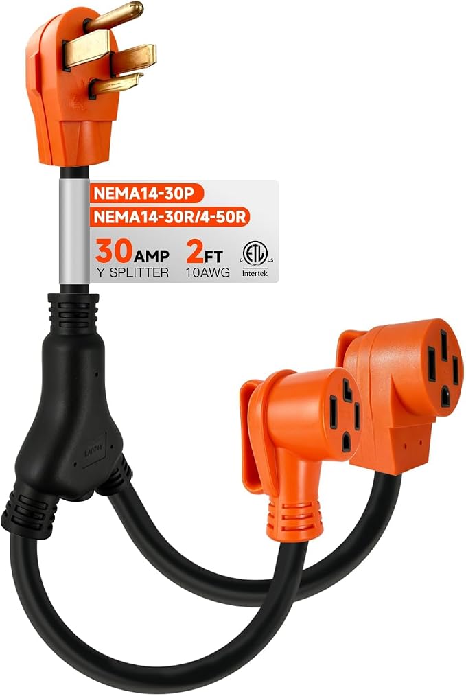 EP 30 Amp Dual Outlet Adapter Cord, 2FT Y Adapter Cord NEMA 14-30P to 14-30R & 14-50R Socket, 10AWG Power Splitter for EV Charger EV Charging, Dryers, and Power Tools ETL Listed