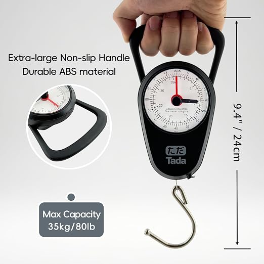 Tada 80lb/35kg Analog Fish Scale with 39-Inch Tape Measure | Manual Scale for Fishing, Farm, Luggage with Memory Pointer, No Battery Needed