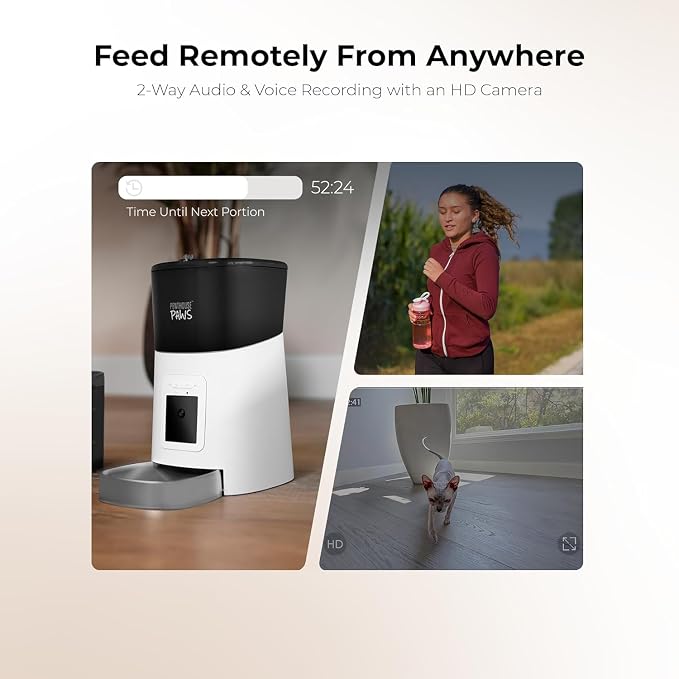 Penthouse Paws Smart HD Pet Feeder, 6L Dry Food Capacity, 1080p Camera, 2-Way Audio, Scheduled Meals, Backup Power, Easy to Clean, Anti-Jam Design for Cat & Dog, White/Stainless Steel