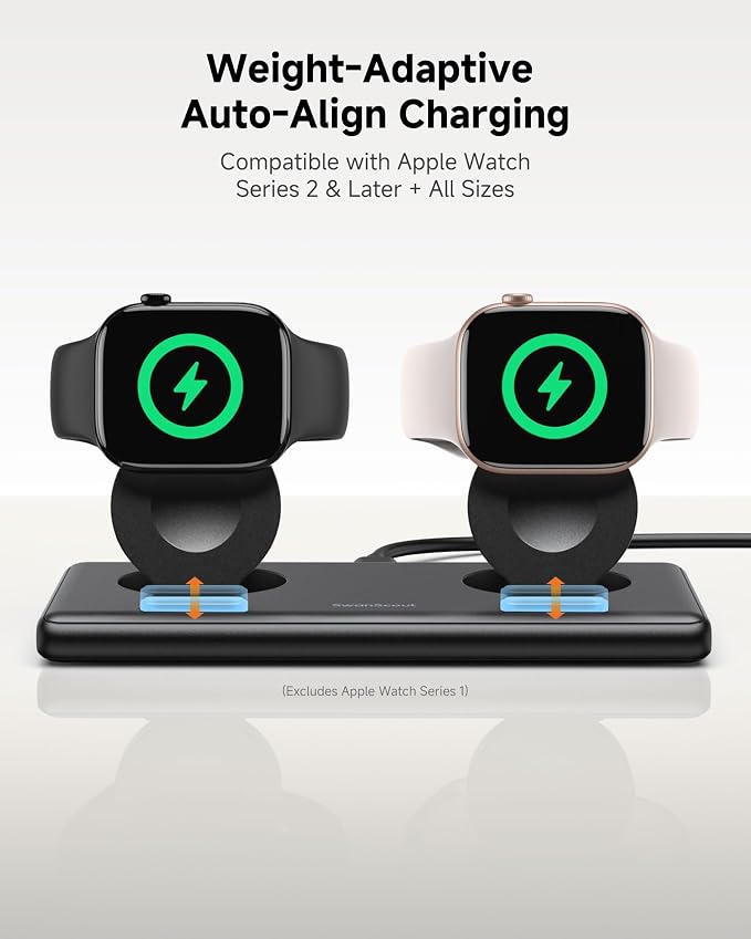 SwanScout Dual Charger for Apple Watch 11/Ultra 3/SE 3/Ultra 2/Ultra/SE 2/SE/10/9/8/7/6/5/4/3/2, Portable Charging Dock for 2 Apple Watches, SwanScout 507DA (Black)