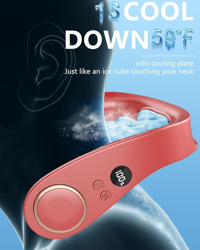 Neck Fan with Cooling Plate, Rechargeable 5500mAh Battery Operated, LED Displays & 5 Speeds Settings Neck Air Cooler, Hands Free Wearable No Blade Necklace Fan for Kids Men Women Outdoor Indoor, Red