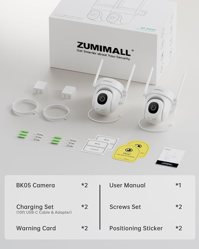 ZUMIMALL 2K Wired Outdoor Camera, 2.4G/5G WiFi Security Camera, 3MP, 24/7 Recording, AI Motion Detection, Cloud & SD Card Storage, 2-Way Audio, 360° PTZ Auto Tracking, Work with Alexa, IP66-2-Pack