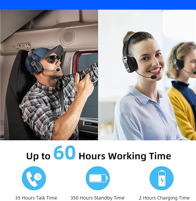 Bluetooth Headset with Microphone,Noise Cancelling with Mute Button, Very Strong Wireless Range, All-Day Comfort On Ear Headphones 60 Hrs Working time for Trucker/Work/PC/Call Center/Meeting/Office