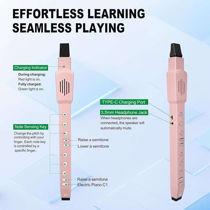 EX Electric Digital Wind Instrument, Electric Saxophone, with 12 Tones, 3 Fingering Modes, 3-Octave Range, Auto Vibrato & Transpose, Bluetooth MIDI & Rechargeable, Pink