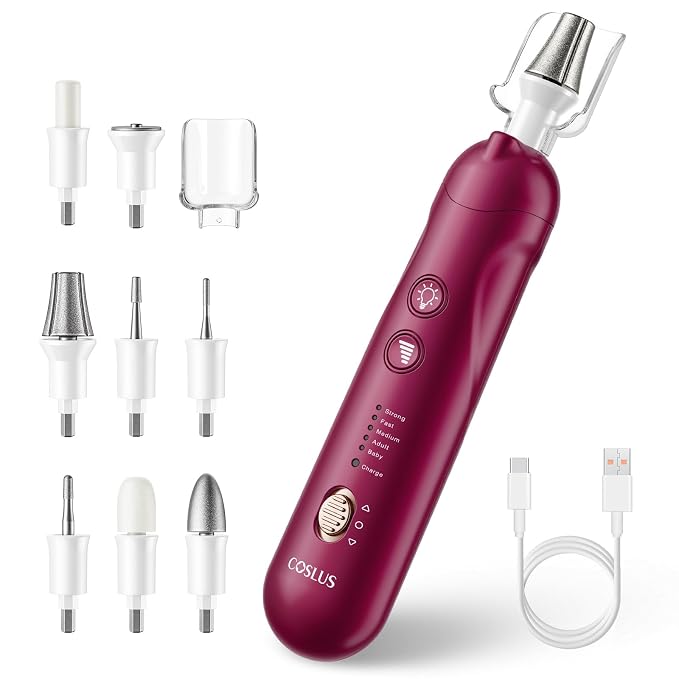 COSLUS C30 Professional Manicure Pedicure Kit, 5-in-1 Electric Nail File for Toenail Hand Feet - Standard Grinder for Basic Nails Care, Cordless, 5 Speed, for Men Women Seniors Home Salon, Red