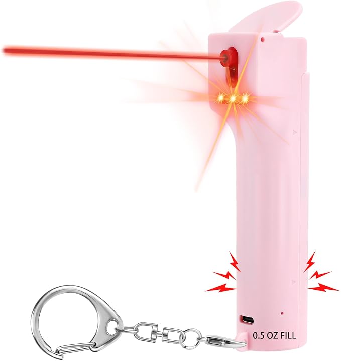 3-in-1 Pepper Spray Personal Alarm, 140dB Siren 3 Strobe, College Student Dorms Campus, Easy One Hand Operation, 12ft 25 Bursts 12 Seconds UV Marking Dye Gel, Rechargeable, Young Women Safety Keychain