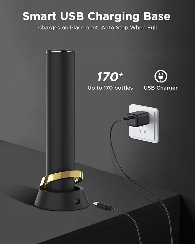 Newise Rechargeable Electric Wine Bottle Opener with Charging Base & Foil Cutter, Luxury Wine Lovers Gifts for Women Men - Gold & Black