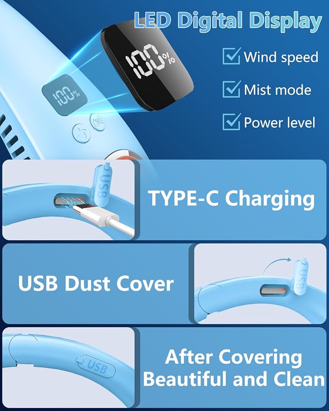 Neck Fans with Water Spray Misting,Portable Neck Fans that Blow Cold Air Rechargeable with LED Display, Adjustable 5 Speeds Powerful Soundless Compact Cooling Neck Hanging Fan for Travel Airplane Blue