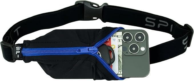 SPIbelt Running Belt Original for Women Men, Phone Holder for Running, Running Fanny Pack, Holder for Phone, Running Waist Pack, Adjustable Waist, [Fits All Phones]. Black with Blue Zipper