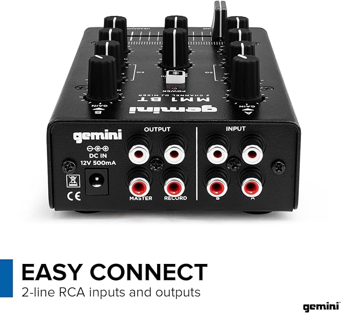 Gemini Portable Bluetooth DJ Mixer – 2-Channel Mini Audio Mixer with Wireless Input, RCA, Mic & Headphone Jacks, EQ & Crossfader – Compact DJ Mixer Board for Beginners & Mobile DJs (MM1BT)