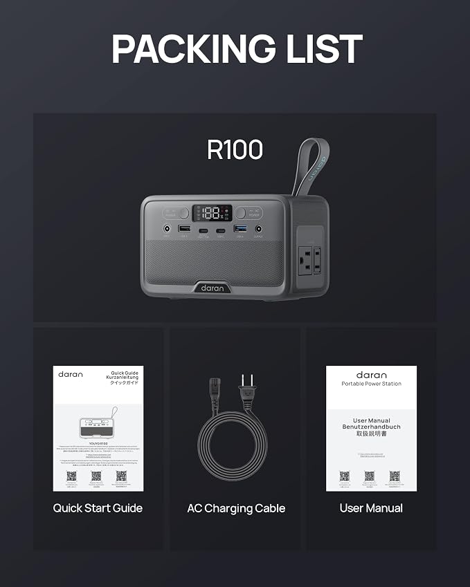 DaranEner R100(2025 New) Portable Power Station 89.6Wh 100W(200W Peak) Power Bank with AC Outlet, LiFePO4 Battery Fast Charging Small Generator for Laptop/Camping/Travel/Home/Emergency, TSA Approved