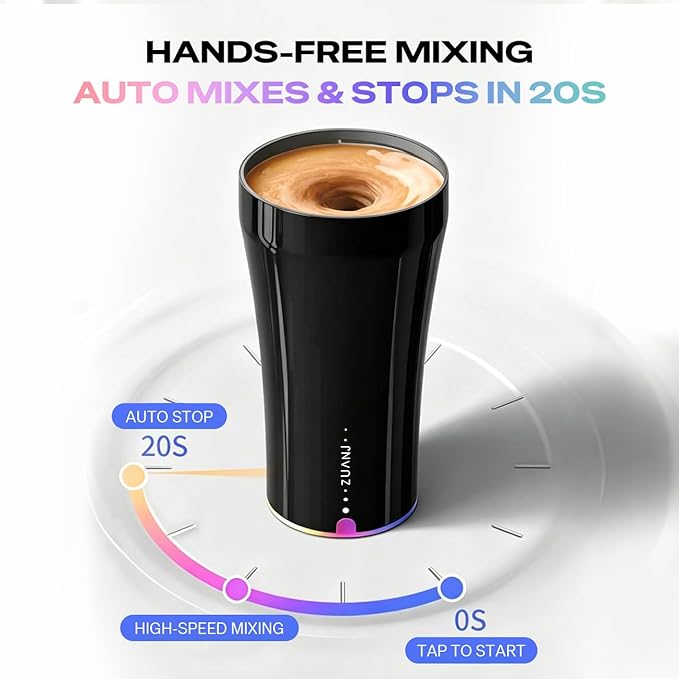 ZUANJ® Self-Stirring on the go Coffee Mug Travel Tumbler 13.5oz Automatic Magnetic Mixing LED Temperature Indicator IP67 Waterproof Keeps Hot 3Hrs & Cold 9Hrs USB-C Rechargeable Tea Protein Shakes