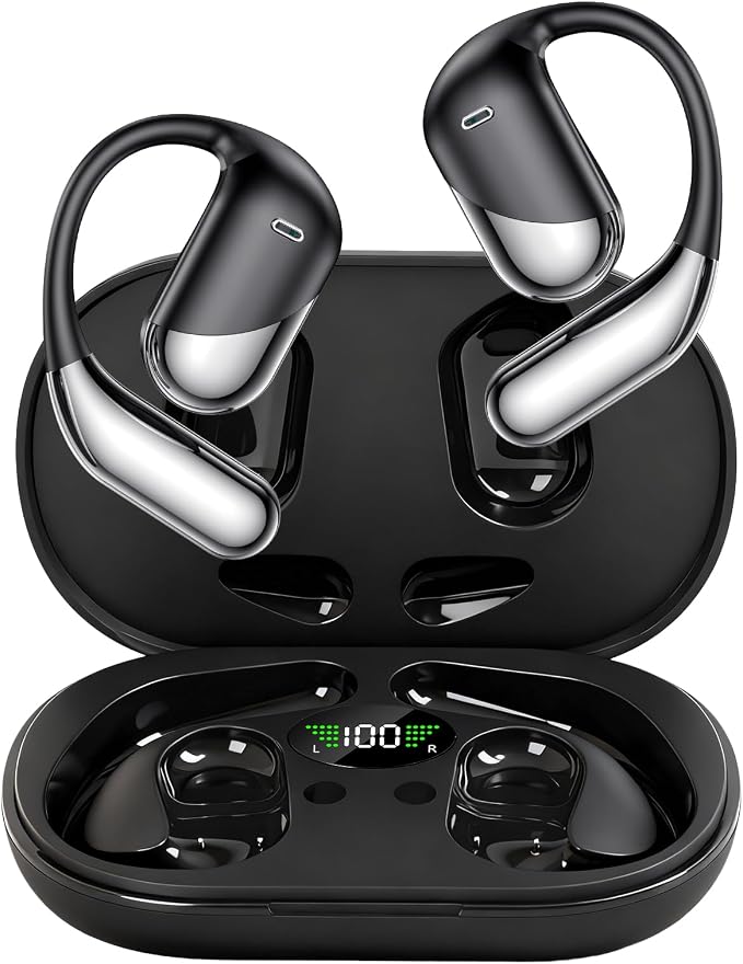 Open Ear Clip Wireless Earbuds Bone Conduction Headphones,Built-in Mic,LED Display Over Ear Hooks Ear Buds Ultra-Comfort Earphones Bluetooth Design for Running,Fitness,Office,Workout
