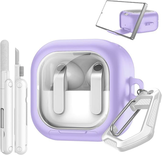 TiMOVO Clear Case for Galaxy Buds 4 & Galaxy Buds 4 Pro (2026) with Secure Lock, TPU Hard Shell Transparent Cover for Samsung Buds 4 Pro with Phone Stand Function, Cleaning Kit & Keychain, Purple
