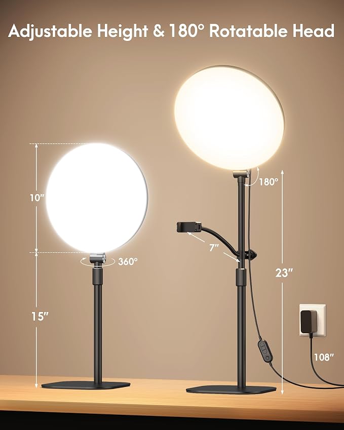 Full-Panel Ring Light with Stand and Extra-Long Flexible Phone Arm for Podcast & Streaming, 10" LED Video Light for Desk, Laptop & Computer, Dimmable Studio Lighting for Recording & Content Creation