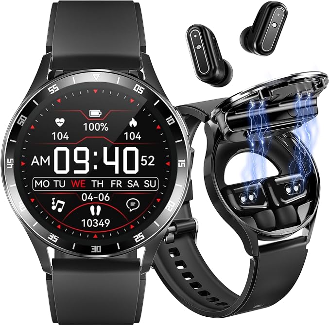 Smart Watch with Earbuds, 1.32 Inch Round Fitness Watch X10, 2 in 1 Bluetooth Watch with Step,Calories,Sleep Monitor,Heart Rate Blood Pressu-re Monitor for iOS & Android