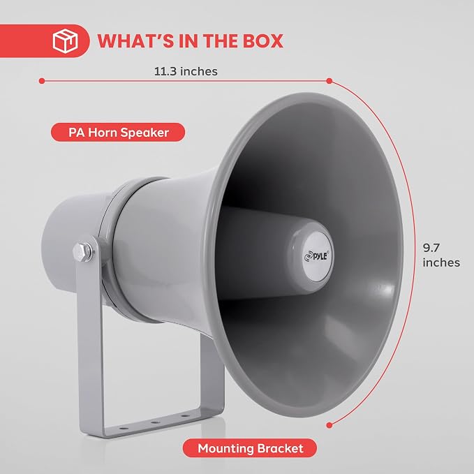 Pyle Indoor Outdoor PA Horn Speaker - 9.7 Inch 20-Watt Power Compact Loud Sound Megaphone w/ 400Hz-5KHz Frequency, 8 Ohm, 70V Transformer, Mounting For 70V Audio System - PyleHome PHSP101T (Gray)