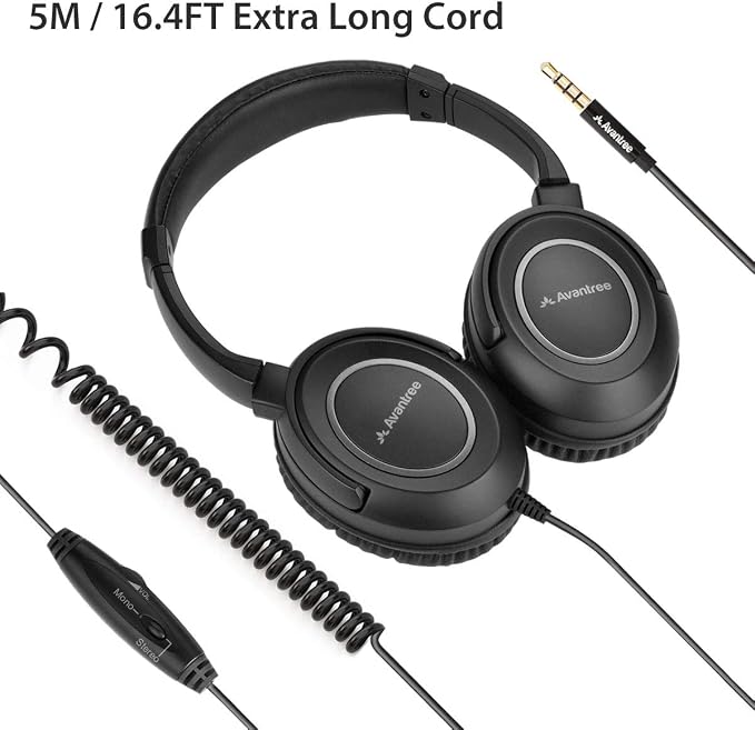 Avantree HF039 Long Coiled Cord Headphones for TV and PC with Volume Control, Stero/Mono Control,16.4 Feet / 5M Extended Range Cable, 3.5mm AUX Audio, Stereo Sound Spiral Wired Over Ear Headphones