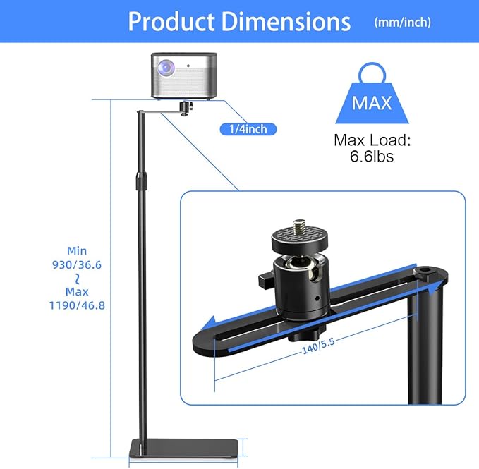 suptek Projector Stand Against Wall Hidden Stand, 360°Swivel, Height Adjustable, Mini Projector Mount Bracket, Compatible with Home Office Video Vlog DVR Camera, PR001FP