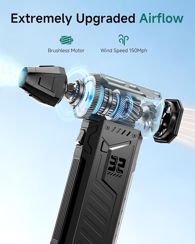 Compressed Air Duster | w/ 2 Battey Pack | 2-yr Warranty | 150,0000 RPM BLDC 150 mph Air flow, 3-Speed Rechargeable Electric Air Duster for Dust/Snow Cleaning