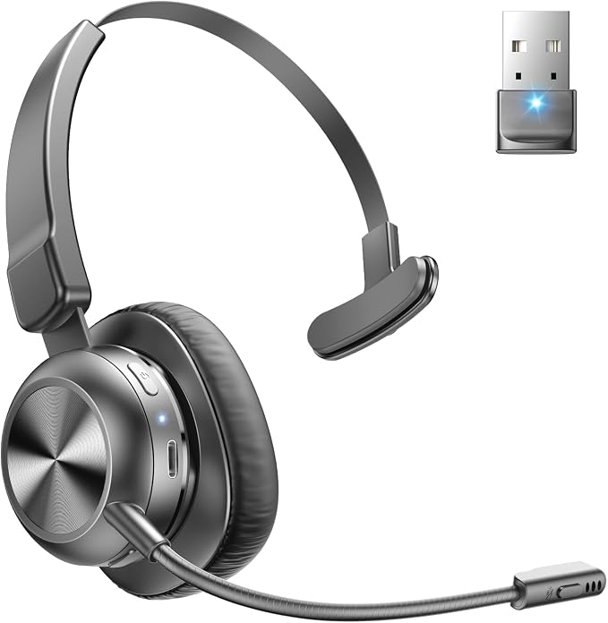 Bluetooth Headset with USB Dongle, Trucker Bluetooth Headset with AI Noise Cancelling Microphone & Mute Button, 50Hrs Single Ear Wireless Headphones for Truck Driver Phone Computer Office Work, Ash