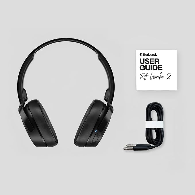 Skullcandy Riff Wireless 2 On-Ear Bluetooth Headphones, Up to 34 Hrs Battery, Foldable Lightweight Design, Convenient for Travel with Included 3.5mm AUX Cable, Microphone for iPhone Android - Black