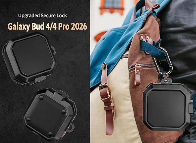 Galaxy Buds 4 Pro/Buds4 Case Cover with Secure Lock Clip, Shockproof Samsung Galaxy Buds 4/4 Pro 2026 Protective Hard Cover Shell with Carabiner&Cleaner kit for Men Women, Black