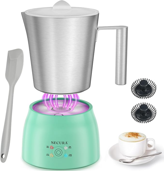 Secura Detachable Milk Frother and Steamer, 17 oz Electric Milk Warmer, 4-in-1 Hot/Cold Foam Maker, Teflon-Free Stainless Steel Jug, Dishwasher Safe for Latte, Macchiato, Hot Chocolate (Green)