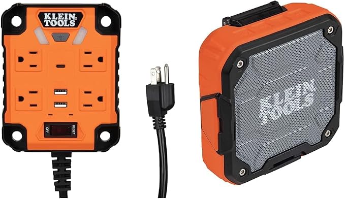 Klein Tools 29601 Magnetic Power Strip with Surge Protector, Extension Cord & AEPJS2 Bluetooth Speaker with Magnetic Strip and Hook, Rechargeable