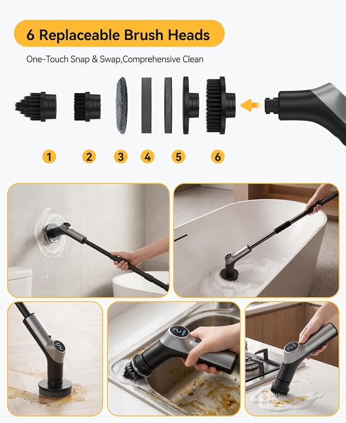 Electric Spin Scrubber for Bathroon,IPX7 Cordless Cleaning Brush with 6 Replaceable Brush Heads,120 Mins Runtime Power Shower Scrubber with Adjustable Extension Handle and Durable Brush Head for Tub