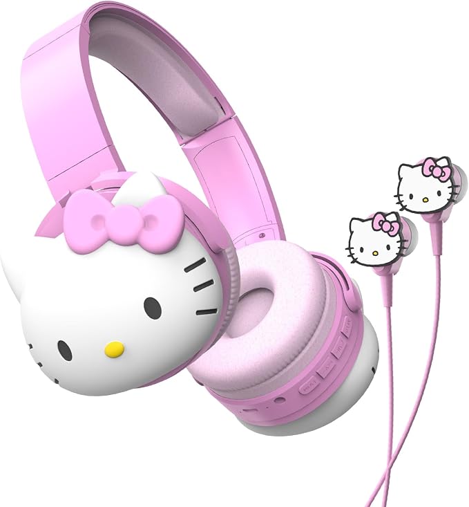 Hello Kitty 2-in-1 Wireless Bluetooth Headphones with Wired Earbuds – Foldable Over-Ear Headset with Built-in Mic, AUX Cable, Adjustable Headband, and Onboard Controls – Pink