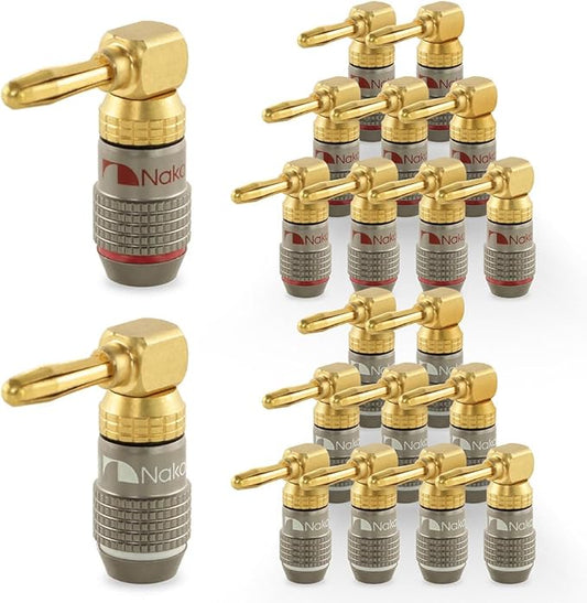 Nakamichi FanLock Excel Series 24k Gold Plated Right-Angle 90 Degree Banana Plug 10 AWG - 18 AWG Gauge Size 4mm for Speakers Amplifier Hi-Fi Home Theatre Wire Cable Quick Connector, 20 Pcs (10-Pairs)