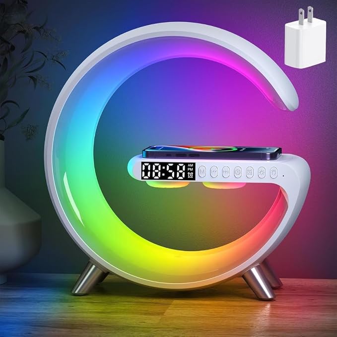 Smart LED Bedside Table Lamp, 4-in-1 Wireless Charger, Night Light, Alarm Clock, Bluetooth Speaker with App Control