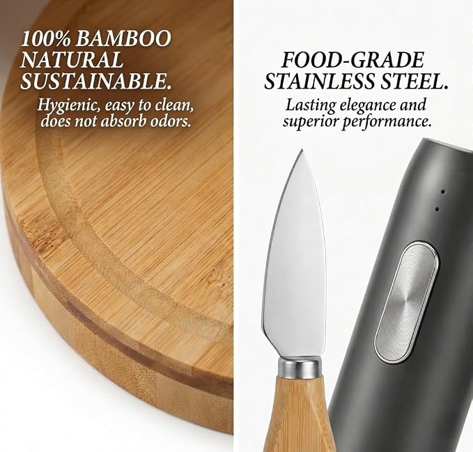 Rechargeable Electric Wine Opener Set - Includes Foil Cutter, Wine Aerator Dispenser, Electric Vacuum Stopper, Bamboo Charcuterie Board and Knives Set - Luxury Packaging for a Special Occasion