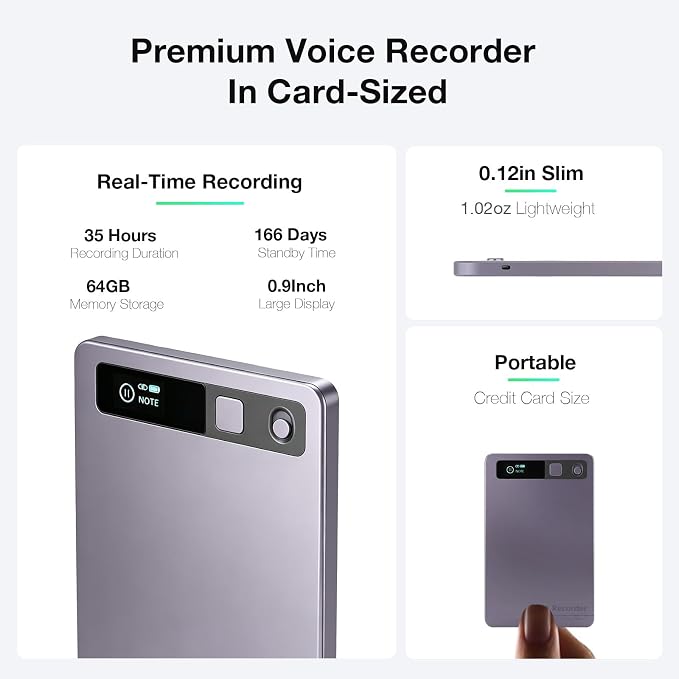 AI Voice Recorder, Transcribe & Summarize with AI Technology, App Control, 64GB Voice Recorder for Meetings & Calls, Supports 152 Languages, Ultra-Slim Recorder, Case Included, Gray