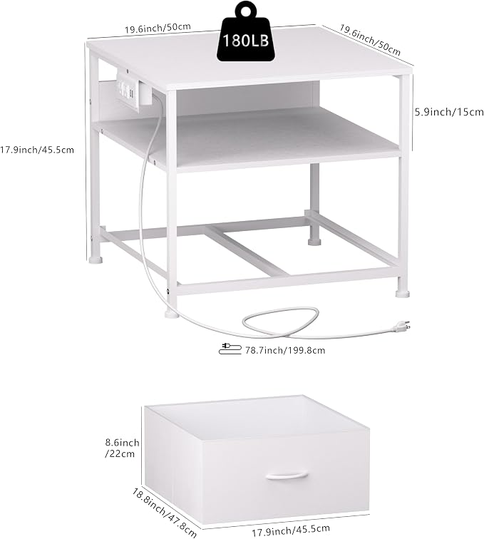 Unionly180 lb Mini Fridge Table with Drawer Fridge Shelf, Mini Fridge Cabinet with Storage,Heavy Duty Fridge Standwith Charging Station, 4 Adjustable Feet for Home Kitchen (White)