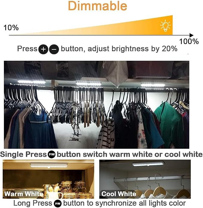 Remote Control Under Cabinet Lighting Wireless 6 Pack, 20-LED Dimmable Closet Lights Rechargeable Under Counter Light, Stick on Touch Night Light Strip Bar for Kitchen Stairway Bedroom, 3 Colors