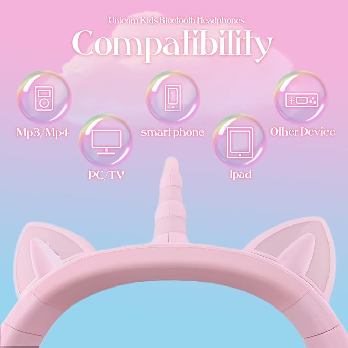 Unicorn Kids Headphones for Girls,7 Colour Flash Unicorn Bluetooth Headphones Foldable for Girls Toddlers Tablet/pad/Amazon fire,Light Up Kids Wireless Headphone Birthday Gifts (Purple Pink)