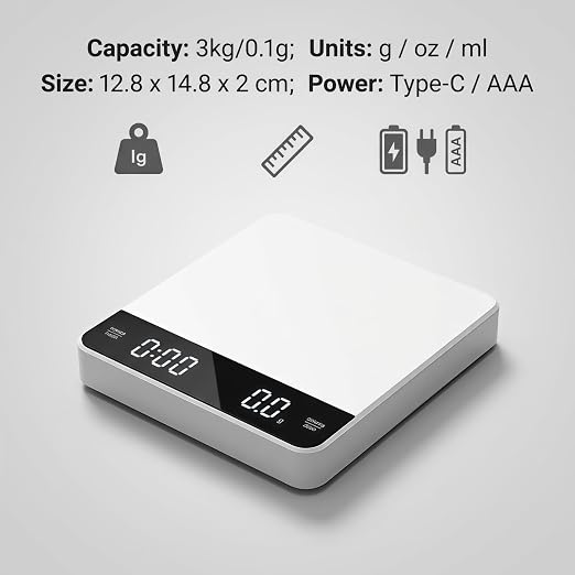 Partyreal Digital Kitchen Coffee Scale，Slim Scale with Tare, g/oz/ml Units, Backlit Display, USB-C Rechargeable (Cable Included) + AAA Backup Power White
