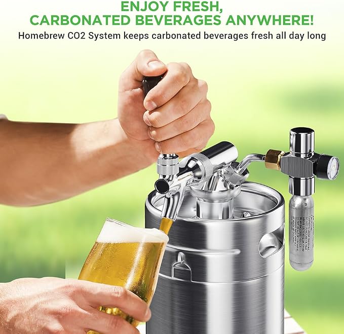 NutriChef Pressurized Growler Tap System, 64oz Stainless Steel Mini Keg Dispenser Portable Kegerator Kit, Co2 Pressure Regulator Keeps Carbonation for Craft Beer, Draft and Homebrew