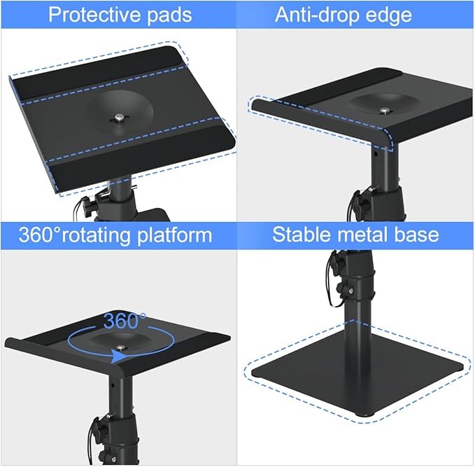 Suptek Free-Standing Speaker Stand Desktop Set, 9.6 x 8.8 inch Trays, Height Adjustment and Tilt, Universal Audio Holders for Computer and Bookshelf Speakers, Elevated Sound, 2 Pack, Black, SDM001T