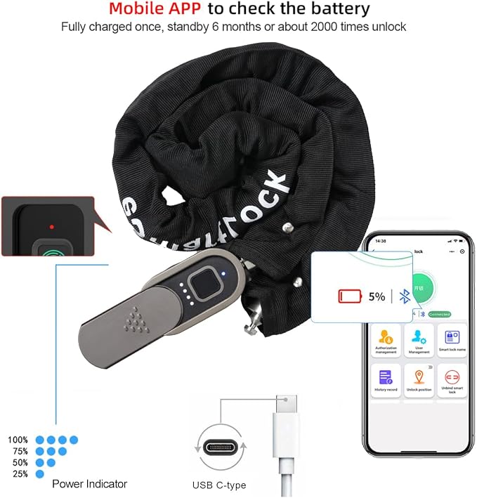 Chain Lock with Key eLinkSmart Waterproof Bicycle 100CM Chain Lock for Bike Scooter Motorcycle Door Fence Gate Fingerprint Bluetooth App Heavy Duty Outdoor Security