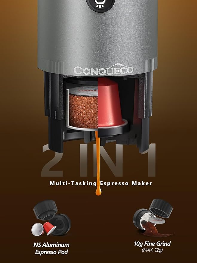 CONQUECO Self-Heating Portable Espresso Machine: Travel Coffee Maker with 13500mAh Battery - 12v Small Electric Fast Heating - Set for Ground Coffee & NS Capsule for RV, Car, Hiking, Office, Camping