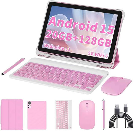 Android 15 Tablet 10 inch Tablets, 20GB RAM 128GB ROM 2TB Expandable, 2.0GHz Quad-core Processor, 2 in 1 Tablet with Keyboard Case Stylus Mouse, 5G WiFi6, BT 5.0, 6000mAh, Widevine L1, GMS, Pink