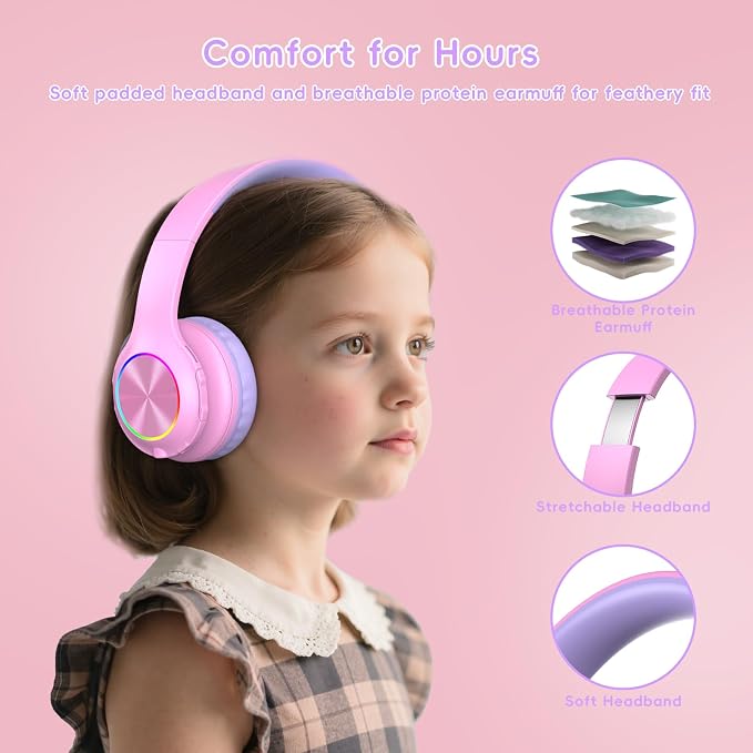 Candy Bila Kids Bluetooth 6.0 Headphones with LED Light, 85Hours Playtimes, Type-C Fast Charging, 85/94dB Volume Limited, Comfort Wireless Headphones with Built-in Mic, Wired & TF Card Mode, Pink