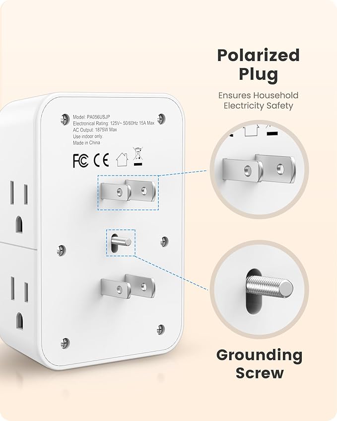 LENCENT 2 Prong Power Strip, 3 to 2 Prong Outlet Adapter, 2 Type C&2 USB, Surge Protector, Polarized Plug, 3-Sided Wide Spaced Extender, Wall Tap Splitter for Non-Grounded Outlets in Old House