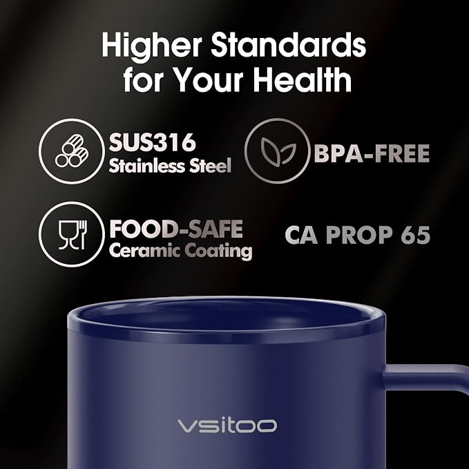 VSITOO S3 Plus 14oz Self Heating Coffee Mug with Auto-Sensing AI - Smart Rechargeable Heated Mug, Temperature Control 120-150℉, IPX7 Waterproof, Coffee Warmer Gift for Women Men-Blue